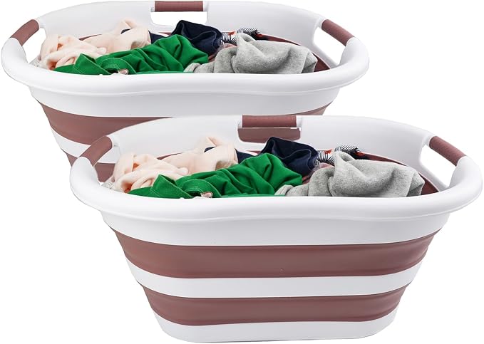 SAMMART 40L (10.5 gallon) Collapsible Plastic Laundry Basket - Foldable Pop Up Storage Container/Organizer - Portable Washing Tub - Space Saving Hamper/Basket (White/Dusky Pink (Set of 2)) by SAMMART