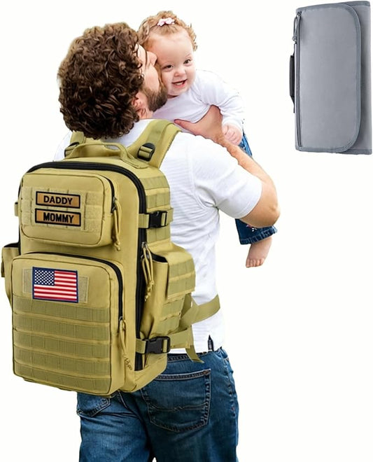 SHARKMOUTH Military Diaper Bag for Baby - Large Baby Backpack with Changing Pad for Boy Girl - Army Dad Diaper Bag for Hiking Travel Camping Trips Tan by SHARKMOUTH