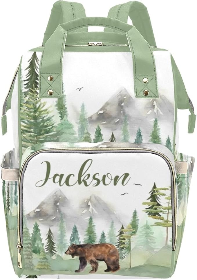 Custom Diaper Bag Backpack with Name Personalized Woodland Bear Nappy Bag for Mommy Mother's Day Gift Customized Adjustable Shoulders Nursing Bag Daypack by Noverbibi