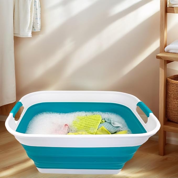 SAMMART 27L (7.1 Gallons) Collapsible Plastic Laundry Basket with Handle-Foldable Pop Up Storage Basket with handle (2, Ceramic Blue+Pale Purple) - Image 6