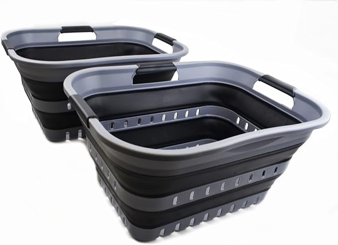 SAMMART Set of 2-30L (8 gallon) Collapsible Plastic Laundry Basket - Foldable Pop Up Storage Container/Organizer - Space Saving Hamper/Basket (2, Grey/Black) by SAMMART