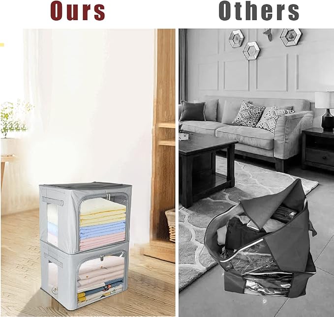 Clothes Storage Box Bins Stackable Foldable Organizer with Metal Frame for Clothing Bedding Shelves,Closet Container with Clear Window Zipper and Label Holder (Gray,Small-40L x3 Pack) - Image 5