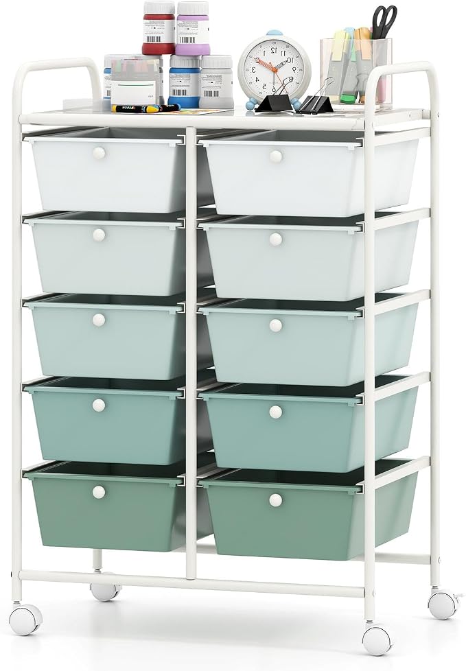 RELAX4LIFE Rolling Storage Cart with 10 Drawers - Craft Storage Cart w/Lockable Wheels, Utility Cart, Art Cart Organizer for School Studio Office Home, Utility Cart on Wheels (Gradient Green) by RELAX4LIFE