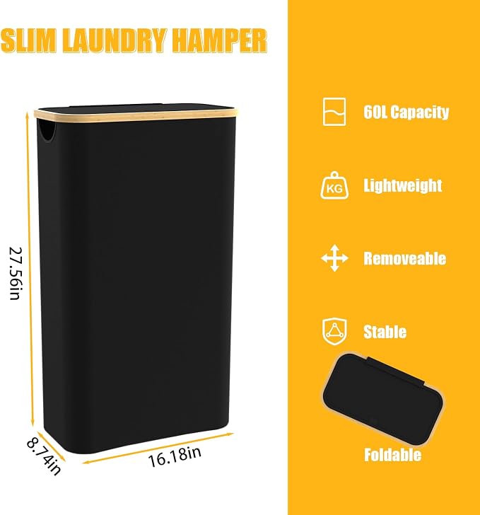 Slim Laundry Hamper with Lid, 60L Laundry Basket with Handles, Skinny Narrow Collapsible Dirty Clothes Hamper with Removable Laundry Bag for Bathroom Bedroom Dorm Clothes Toys Towels (Black 1) - Image 3