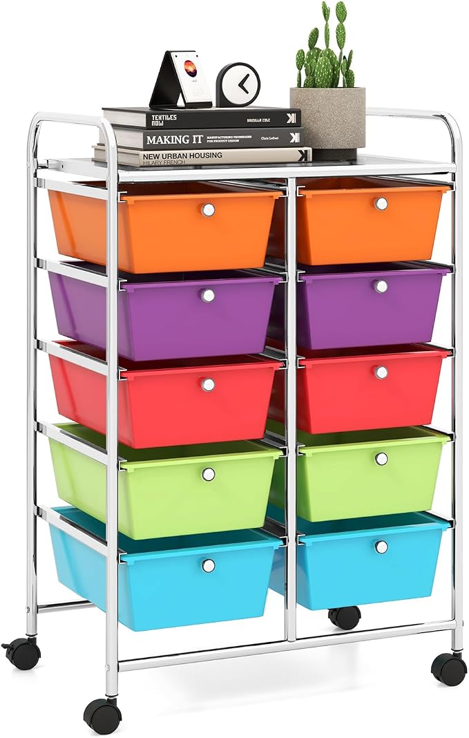 10 Drawer Rolling Cart, Storage Cart Organizer on Wheels, Drawer Cart with Metal Frame & Large Storage Capacity, Rolling Cart with Drawers for Living Room Classroom, Office by LDAILY