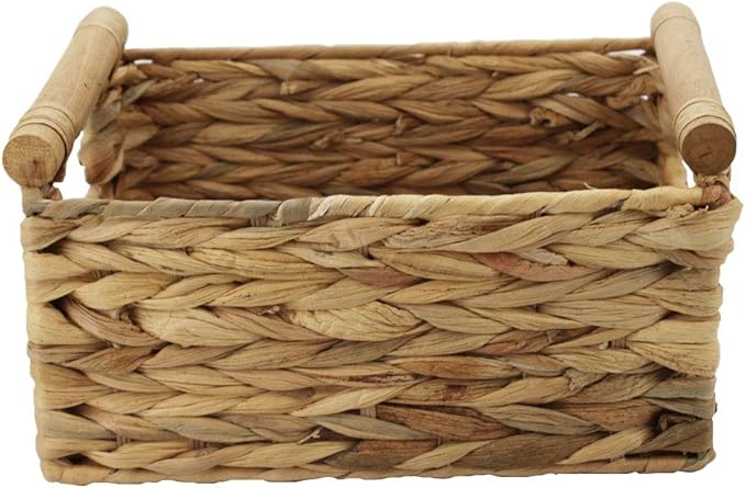 Natural Woven Water Hyacinth Storage Basket with Wood Handles, Small | Rectangular wicker‑style bin, decorative accent, for shelves, bathroom, pantry, closet organization, countertop use by HODAKJUE