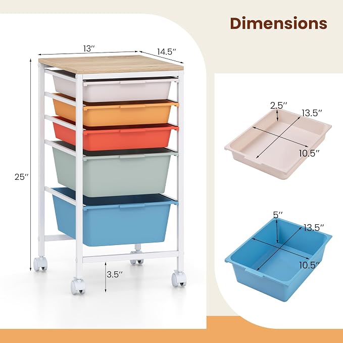 Giantex Rolling Storage Cart with 5 Drawers, Utility Cart w/Wooden Tabletop, Lockable Wheels, Multipurpose Organizer for Art Craft Books Paper, Drawer Carts for Dorm Classroom Office, Macaron - Image 3