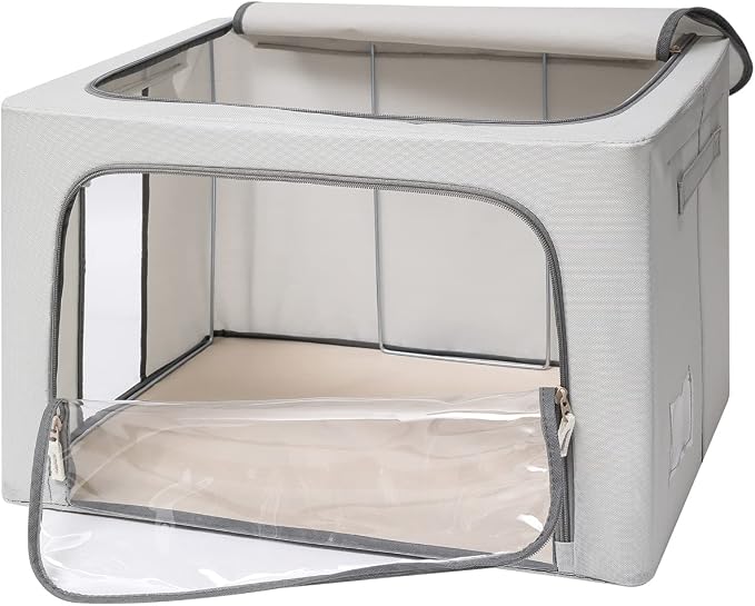 CYhom 3Pack Frame Storage Box - Clothes Storage Bin Bags Oxford Fabric Foldable Stackable Container Organizer Set with Clear Window & Carry Handles (Grey, Extra Large-100L) - Image 8