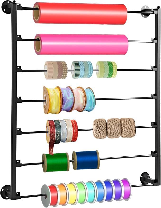 7 Tier Wall Mount Ribbon Organizer, Metal Rack for Craft Room | Wall mounted ribbon holder ideal for flower shops, stores, wrapping paper, scarf, tie, belt, towel storage - Black by Unknown