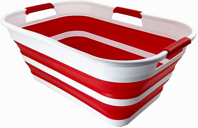 SAMMART 21L (5.5 Galloons) Collapsible Plastic Storge Basket - Foldable Pop Up Storage Container/Organizer - Portable Washing Tub - Space Saving Hamper/Basket (White/Viva Magenta) by SAMMART