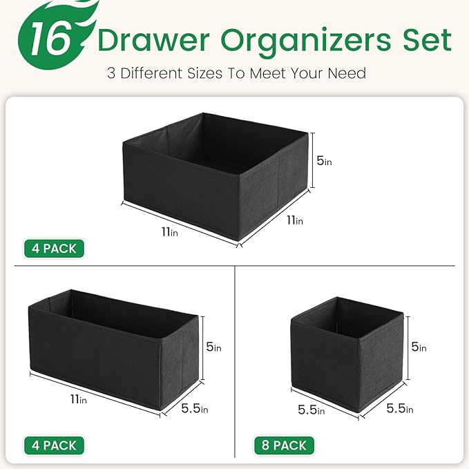 16 Pack Underwear Drawer Organizer, Drawer Organizer Clothes, Foldable Cloth Storage Box Closet Dresser Drawer Divider Organizer for Clothes, Scarves (Black) - Image 3