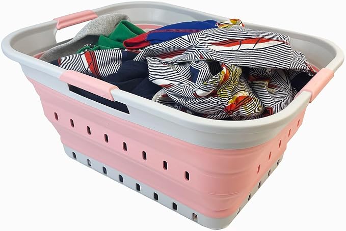 SAMMART 42L (11 gallon) Collapsible Plastic Laundry Basket - Foldable Pop Up Storage Container/Organizer - Space Saving Hamper/Basket (Grey/Quartz Pink) by SAMMART