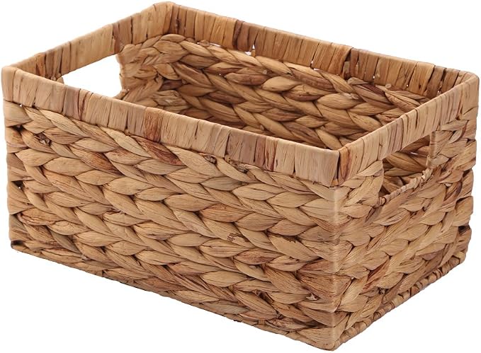 KINGWILLOW Woven Natural Water Hyacinth Rectangular Organizer Basket, Small | Rustic decor, with handles, brown‑tan tone, for shelves, bathroom, kitchen, entryway, office files, pet toys by KINGWILLOW