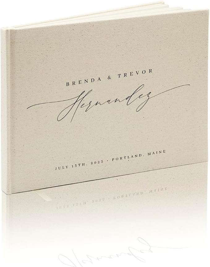 Personalized Linen Guest Book (Design 7) - 9 x 7.5 Hardcover Custom Wedding Guestbook Bride Groom First and Last Name, Reception Ceremony Engagement Party Keepsake Signing Book w/ 120 Blank Pages by ModernAlbumDesigns