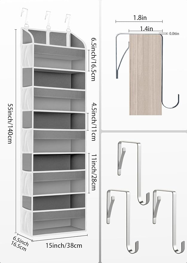 TAHAVICE 1 Pack Over The Door Storage Organizer with 5 Large Pockets | 44 lbs Weight Capacity Door Hanging Organizers with 10 Mesh Pockets for Bedroom,Bathroom,Nursery,Kidroom(Light Gray) - Image 6