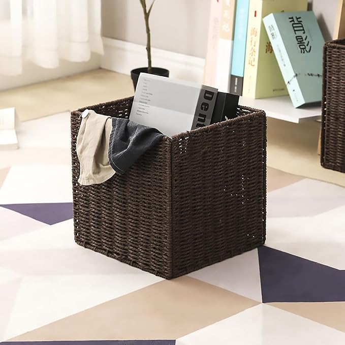 3Pcs Woven Shelf Baskets, 10.5'' Paper Rope Handmade Open Storage Bins, Dark Brown Pantry Baskets Organization Basket Foldable Storage Bins for Bedroom, Cubby Cubes Wicker Basket with Handles - Image 5