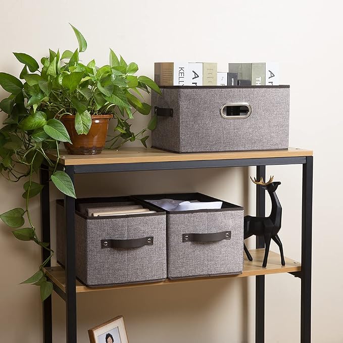 Fodable Storage Baskets for Closet [5-Pack] Decorative Fabric Storage Bins Cubes with Leather/Metal Handles for Shelves Bedroom Living Room Grey (11.5x8.5x6.7 Inch) - Image 3