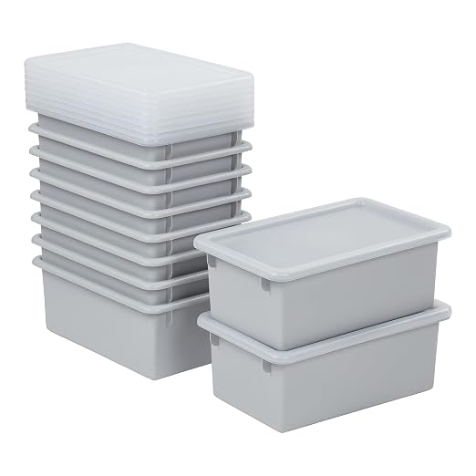 ECR4Kids Cubby Storage Bin with Lid, Multipurpose Organization, Light Grey, 10-Piece | Durable plastic, GREENGUARD Gold Certified, 7 quart capacity, lightweight & nestable, easy-lift lids, classroom/home use by ECR4Kids