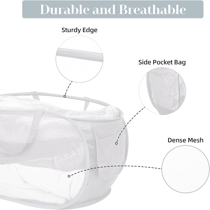 Strong Mesh Pop Up Laundry Basket, Collapsible Laundry Hamper with Side Pocket, Foldable Clothes Pop Up Hamper with Durable Reinforced Handles for Laundry, Bathroom, Kids Room, Dorm or Travel White - Image 4