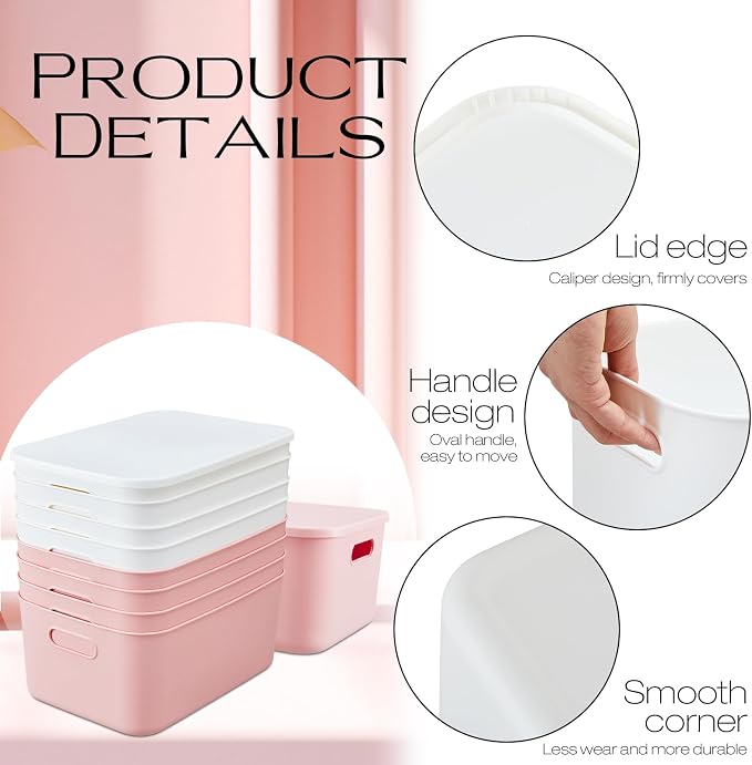 8 Pack Storage Bins, 13.8 X 9.8 X 5.9 Inch White and Pink | Plastic Stackable Containers with Lid Handle, For Shelves Desktop Playroom Office, Organizing Toys Books Supplies Storage - Image 3