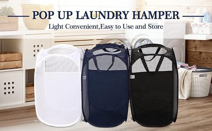 AQQA 9 Pcs Mesh Popup Laundry Hamper Set, Black/White/Blue, Durable Handles, Foldable, Sturdy Mesh Construction, Ideal for Kids, Teens, Adults, College Dorm, Camping, Hotel, Travel | Foldable, Sturdy Mesh Construction, Ideal for Kids, Teens, Adults, Co... - Image 5