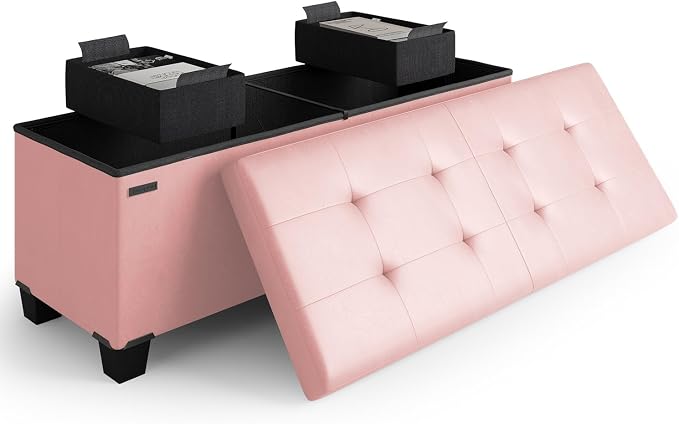 Storage Ottoman Bench with Bins, 43-in Storage Bench for Bedroom End of Bed, Folding Foot Rest Ottoman for Living Room Max 660lbs, Leather Ottomans, Pink by STORAGEBUD
