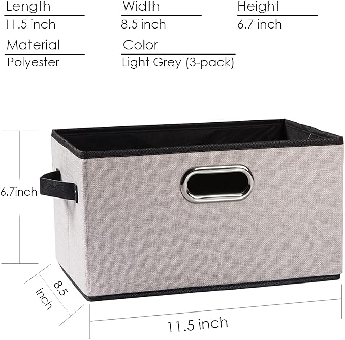 Fodable Storage Bins for Closet [3-pack] Decorative Fabric Storage Baskets Cubes with Leather/Metal Handles for Shelves Bedroom Living Room Light Grey (11.5x8.5x6.7 Inch) - Image 5
