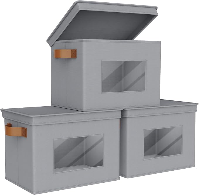 Univivi Fabric Storage Bins with Lids for Clothes 3 Pack, Grey | 17 x 12 x 12 In Foldable Storage Boxes with Handles, Clear Window, Closet Organizers for Home, Bedroom by Univivi