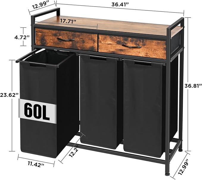 180L Laundry Sorter Hamper Basket 3 Section with Shelf & 2 Drawers | 3 Compartment Clothes Storage Organizer Cart, Pull-Out Removable Oxford Fabric Bags - Image 8