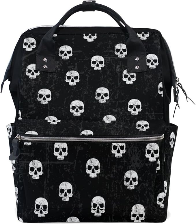 Large Capacity Baby Diaper Bag Black White Skulls Pattern Durable Multi Function Travel Backpack by DERLONKAJE