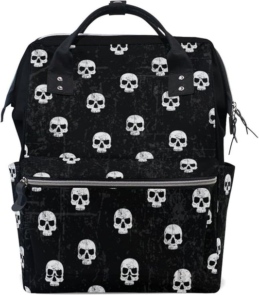 Large Capacity Baby Diaper Bag Black White Skulls Pattern Durable Multi Function Travel Backpack by DERLONKAJE