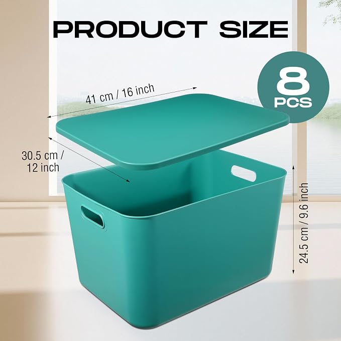 8 Pack Storage Bins, 16.1 X 12.0 X 9.7 Inch Green | Plastic Stackable Containers with Lid Handle, For Shelves Desktop Playroom Office, Organizing Toys Books Supplies Storage - Image 2