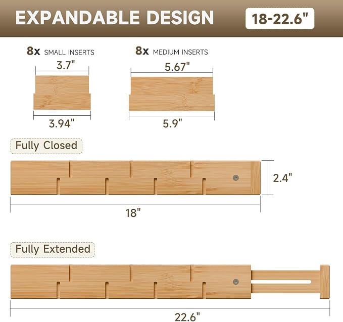 Bamboo Drawer Dividers, Expandable Kitchen Drawer Organizer | Include 8 Dividers, 8 Small Inserts and 8 Medium Inserts for Home, Office, Dressers - Image 2