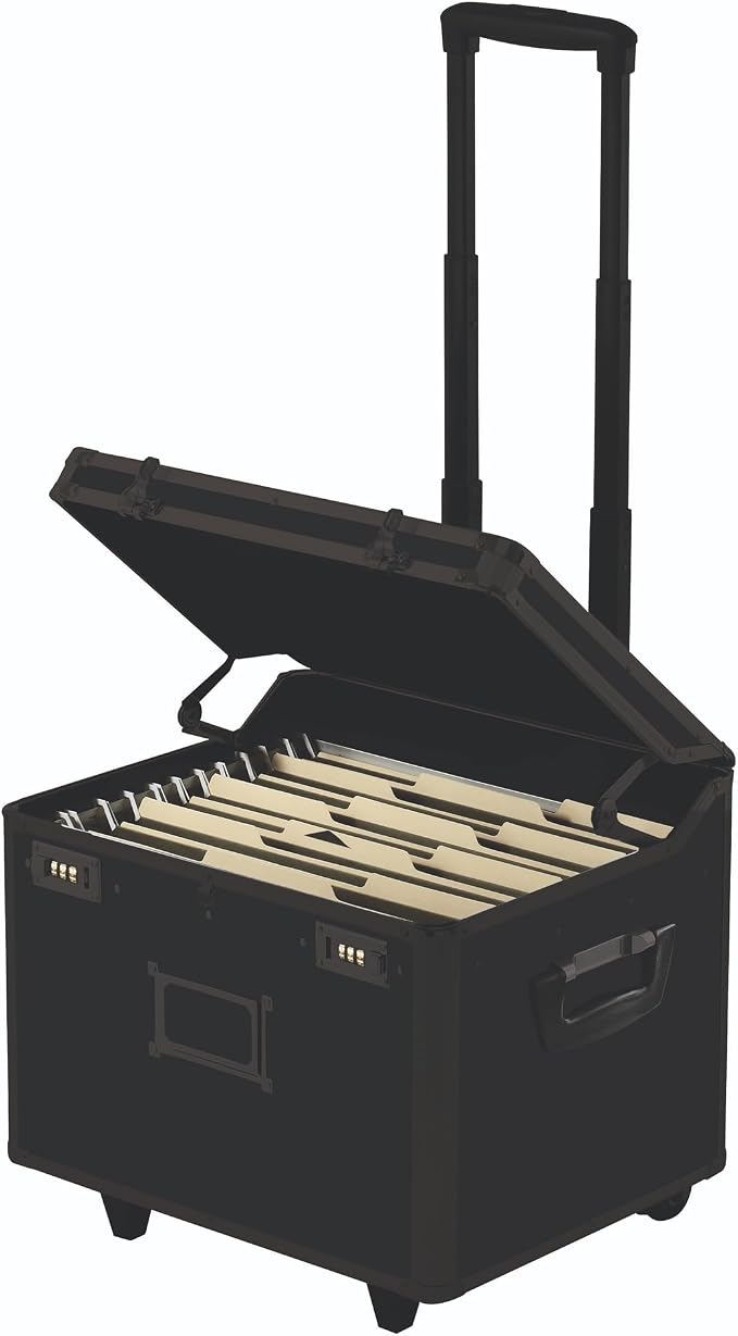Vaultz Locking Mobile File Chest, Letter/Legal Size Storage Box, Black | Rolling filing chest storage for letter and legal size files, secure lock, compact 17.5x15.5x14.5 in black footprint by Vaultz