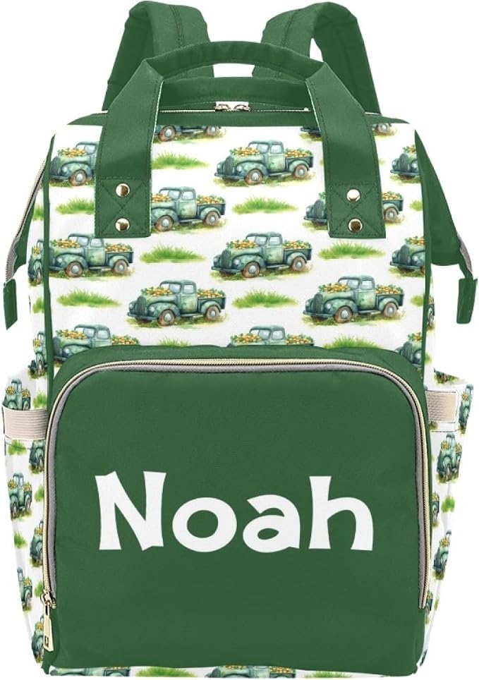 Personalized Green Truck Diaper Bag Backpack with Custom Name – Waterproof Multi-Pocket Baby Nappy Bag for Moms and Dads – Large Capacity Travel Backpack & Shower Gift for Baby by Unknown