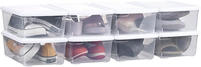 6 Quart Stackable Plastic Storage Shoebox, BPA-Free Nestable Container with Latching Lid to Organize Shoes, See-Through Box for Home and Office, Multi-Purpose Clear Bins (White, 8 Pack) by OMNISAFE