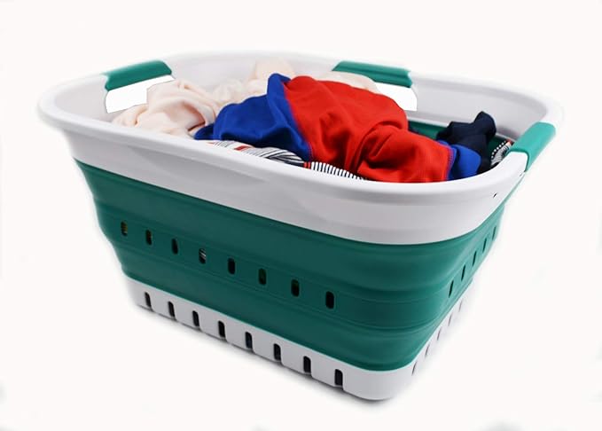 SAMMART Set of 2-30L (8 gallon) Collapsible Plastic Laundry Basket - Foldable Pop Up Storage Container/Organizer - Space Saving Hamper/Basket (2, White/Dark Green) - Image 7