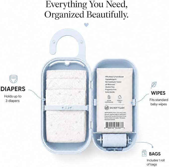 Diaper Bag Wipe Dispenser Blue | 3-in-1 Portable Diaper Caddy Organizer, Baby Wipe Holder with Disposable Bags | Baby Essentials for Newborns, Toddlers, Travel & Baby Shower Gifts - Image 3