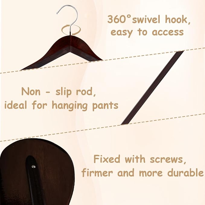Urby 6pk 21 inch Wide Shoulder Wooden Hangers, Cherrywood Color | For Plus Size Cloth, No Shoulder Bump Design, Non Slip Pants Bar, For XXL Suit, Jackets, Heavy Cloths, Easy-to-Install Hook - Image 4