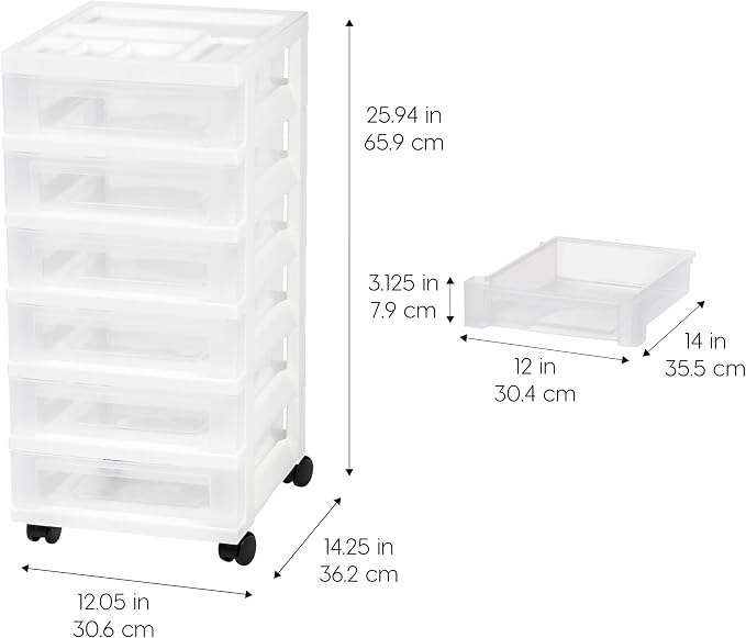 IRIS USA 6-Drawer Rolling Storage Cart, White/Clear | Keep classroom supplies, teacher essentials, craft materials, and learning tools organized with easy-access drawers. - Image 3
