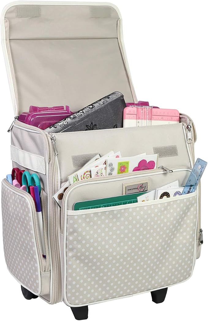 Everything Mary Collapsible Rolling Scrapbook Tote – Tan Dot Craft Bag with Wheels – Portable Storage Organizer for Scrapbooking, Papercraft & Art Supplies by EverythingMary