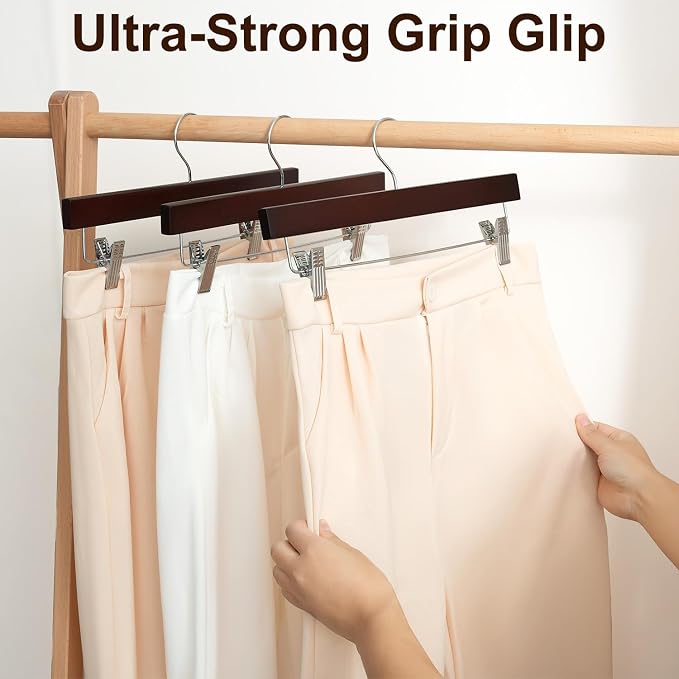BAGAIL 20 Pack Wooden Pants Hangers with Adjustable Clips, 360°Swivel Hook Space Saving Skirt Holders with Anti-Rust Clips for Trousers, Jeans, Shorts(Walnut) - Image 4