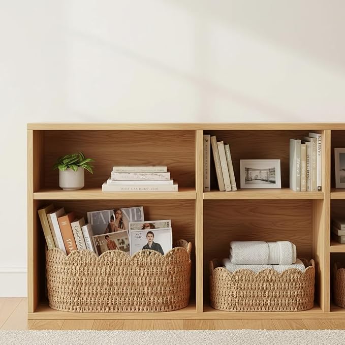 Coeusy Paper Rope Scalloped Basket Set of 2, Wicker Storage Baskets for Shelves,Gifts,Books,Toys,Cute Decor Rattan Baskets for Organizing,Natural Color - Image 8