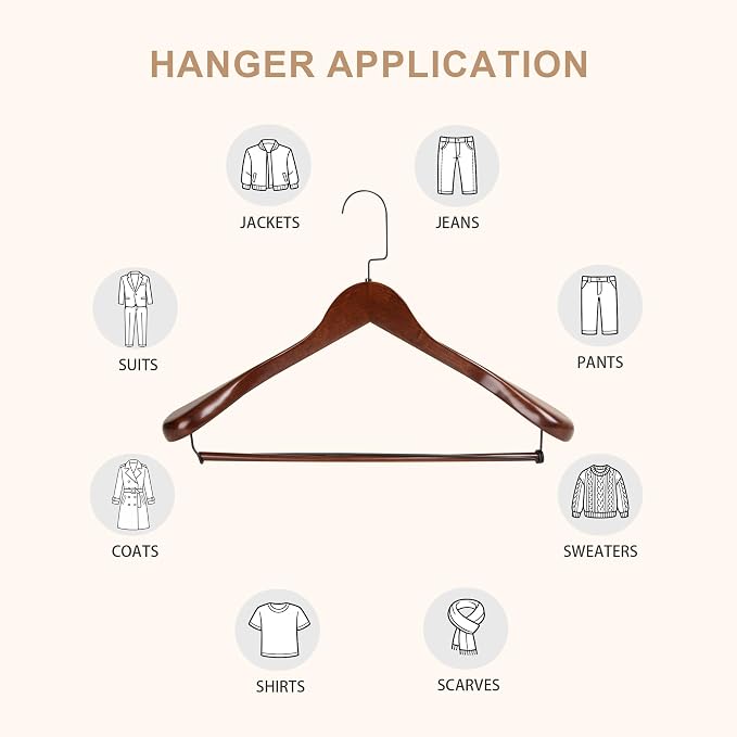 Wide Shoulder Wooden Hangers with Locking Bar, Walnut, 6-Pack | Non-Slip Suit Hangers with Flat-Head Hook for Suits, Jackets, Coats, Shirts, Outerwear and Heavy Clothes - Image 7