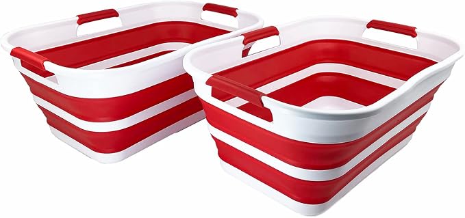 SAMMART 21L (5.5 Galloons) Collapsible Plastic Storge Basket - Foldable Pop Up Storage Container/Organizer - Portable Washing Tub - Space Saving Hamper/Basket (White/Viva Magenta (Set of 2)) by SAMMART
