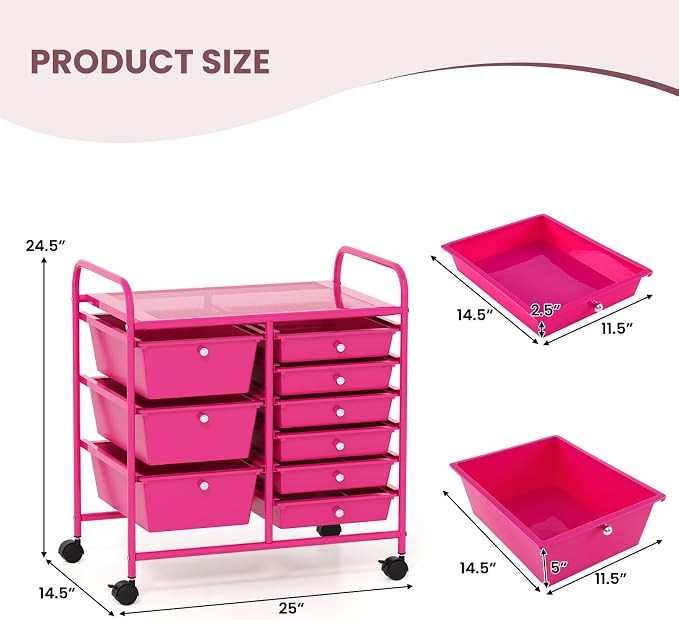 COSTWAY Rolling Storage Cart with 9 Drawer, Utility Cart with Metal Frame | Mobile Art Supply Craft Organizer, Multipurpose Storage Organizer for Paper, Office, School Teacher, Classroom, Hot Pink - Image 3
