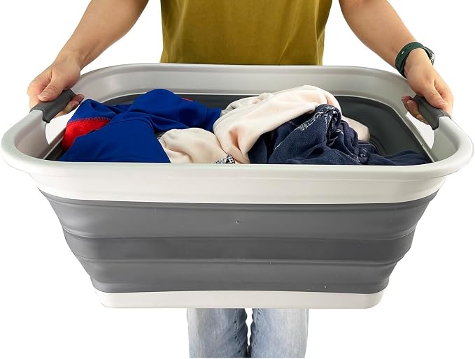 SAMMART 42L Collapsible Plastic Laundry Basket - Foldable Pop Up Storage Container/Organizer - Portable Washing Tub - Space Saving Hamper/Basket (Grey/Steel Grey (Set of 2)) - Image 6