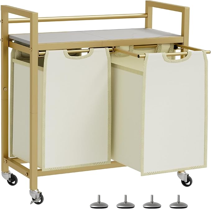 SwaaVee Laundry Sorter, Laundry Hamper with Wooden Top Shelf, 2×14.5Gal(110L), Metal Frame laundry basket with wheels, Pull out and Removable Laundry Bags, 2 Bags-Golden by SwaaVeeYourBestOrganizingHelper