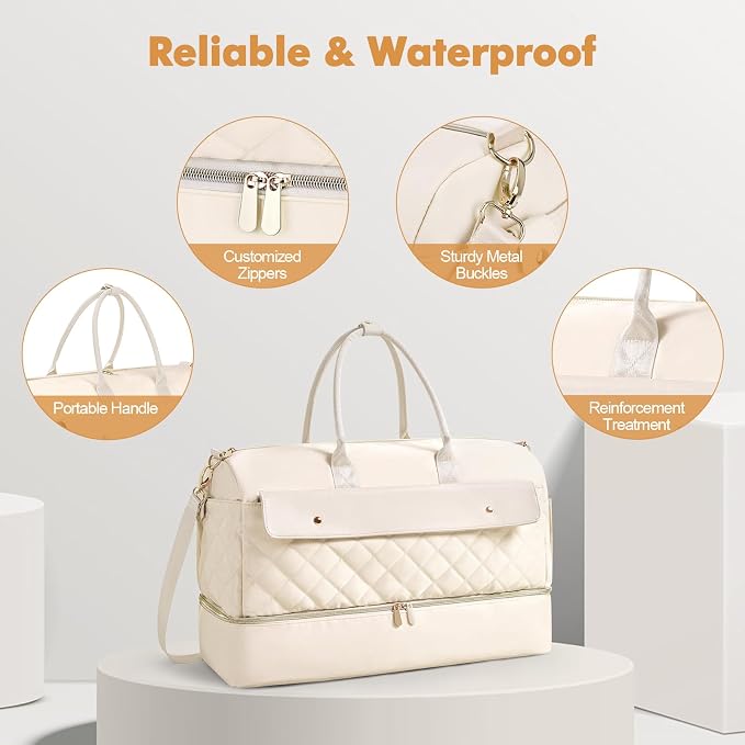 Travel Duffel Bag, Large Weekender Bag for Women with Shoe Compartment, Carry on Overnight Bag with Toiletry Makeup Bag, Gym Duffel Bag Travel Tote Bag for Travel Gym Camping Hospital, Beige - Image 6