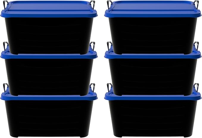 Life Story 6 Pack Heavy Duty Stackable Storage Bin, 55 Quart Home Organizer, Versatile Lightweight Locking Bins with Carrying Handles, Black/Blue by LifeStory